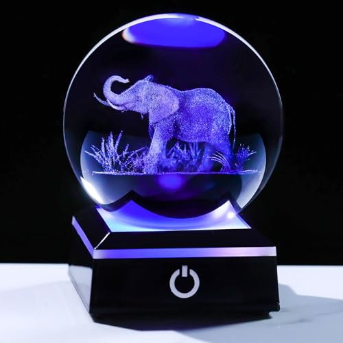 Image of 3D Crystal Ball Elephant Gifts for Women Men Adults Decor for Home Snow Globe Ornament with LED Base Night Light, Laser Etched Glass Elephant Figurines Friendship Gifts for Her Mom Friend