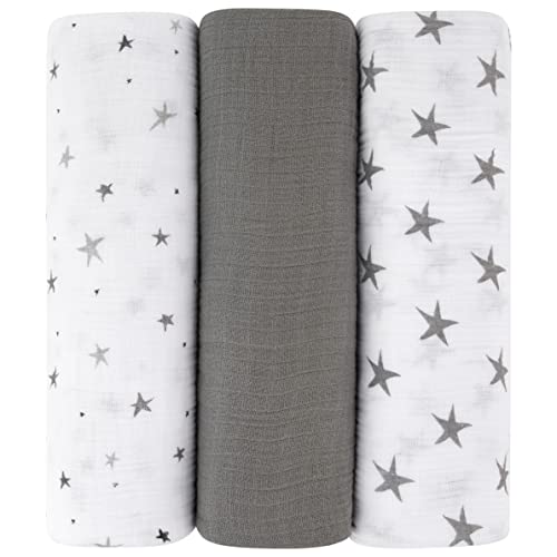 Image of Ely's & Co. Muslin Swaddle Blanket 100% Soft Muslin Cotton 3 Pack 47"x 47" (Grey Stars)