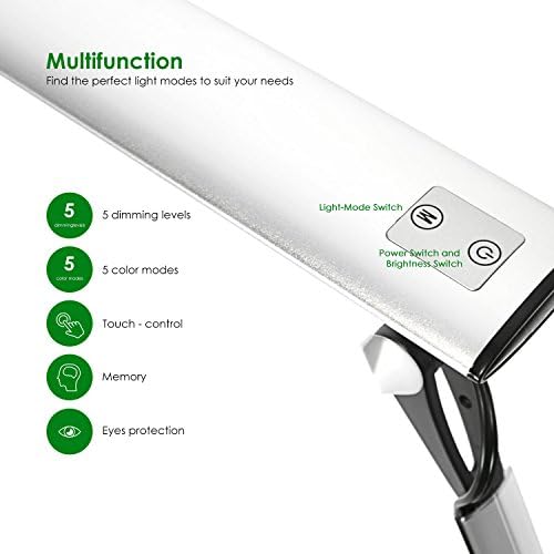 LED Desk Lamp, Joly Joy Dimmable Eye-Caring Swing Arm Lamps, 12W Full Metal Task Lamp with Clamp for Working Studying, 5 Color Modes, 5 Brightness Levels, Touch Control and Memory Function (Silver)