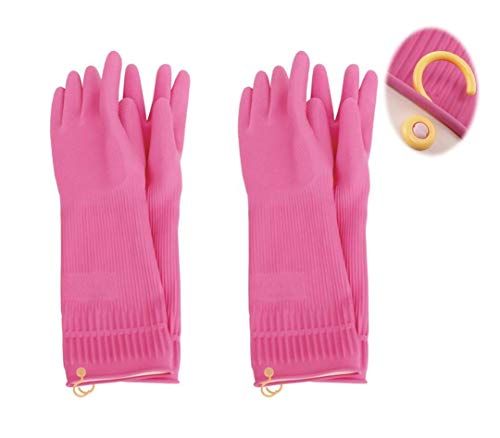 HOMSSEM Cleaning Gloves  Dishwashing Gloves with Hanging Hooks  2 Pairs of Dish Gloves  Latex Pink Rubber Gloves  Premium Rubber Gloves for Cleaning  Flexible and Durable Design - 4 Sizes (XL)