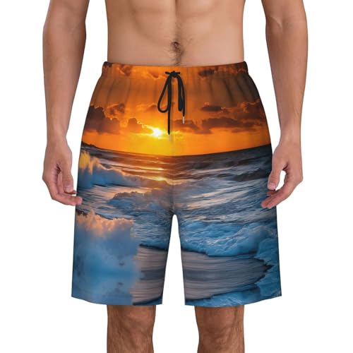 Beach with Sunset Print Men's Beach Pants Lightweight Quick-Dry Swim Pants with Mesh Lining for Men