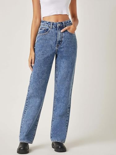Image of KOTTY Women's High Waist Wide Leg Button Coin Pocket Straight Fit Jeans Stylish Regular to Plus Size Fit Denim Jeans for Women