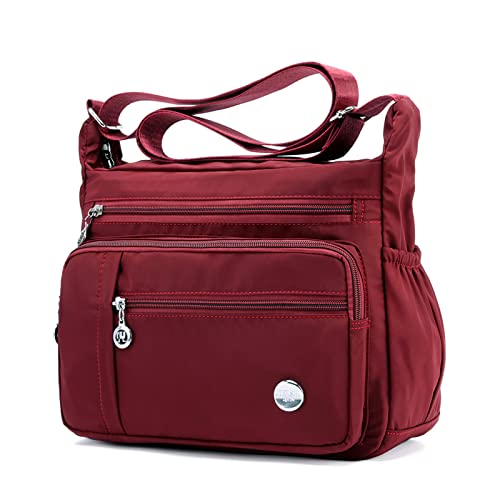 Women Multi Pocket Crossbody Bags Casual Waterproof Nylon Shoulder Handbags Dark Red Large2