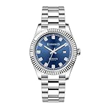 KNISKRED Reloj Clásico para Hombre con Correa Sólida de Acero Inoxidable y Calendario Reloj de Vestir para Caballeros Resistente al Agua (Plateado Azul)