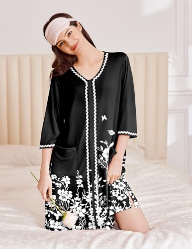 Image of Ekouaer Zipper Robes for Women 3 /4 Sleeves Lightweight House Coat Zip Up Bathrobe Soft Nightgown with Pockets S-3XL