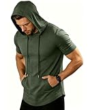 ZITY Tshirt mit Kapuze Herren Shirt Kurz Leichtes Sommer Gym Trainingsshirt mit Känguru-Tasche für Laufen,Boxen und Wandern Olivgrün L