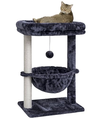 SYANDLVY Small Cat Tree for Indoor Cats, Activity Cat Tower with Scratching Post for Kittens, Cat Condo & Furniture with Basket & Hanging Ball for Play Rest