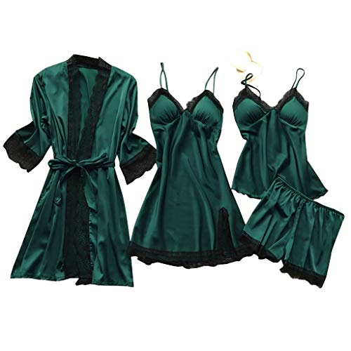 Atezch_ 4PC Sleepwear Set, Lingerie Women Silk Lace Robe Dress Babydoll Sleepwear Nightdress Pajamas Set (Army Green, L)