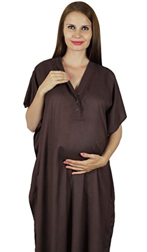Bimba Maternity Kaftan Belt Nursing Night Gown, Front Buttons Brown #TOP6