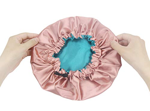 SAYMRE Kids Satin Hair Bonnet Sleep Cap Double Layered Reversible Adjustable Hat Night Sleeping Head Cover for Toddler Child Baby Sleeping Supplies (Kids, Kids green-pink)