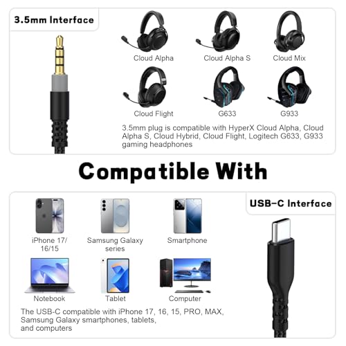 Cable de audio USB C a 3.5 mm para auriculares HyperX Cloud Alpha y Mix en iPhone 17 y PC 2m 2