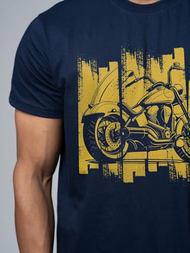 Image of T-Shirt for Men - 100% Cotton Ladakh Motorcycle Rider Half Sleeve Round Neck Graphic Print | Regular & Oversized Fit | 180 /220 GSM | S-5XL | Black, Navy Blue, Olive, Red, White