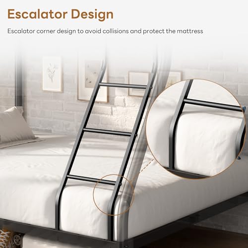 soges Metal Bunk Bed Twin Over Full Size with Upholstered Board, Ladder & Guardrail, Heavy Duty Bed Frame for Teens Adults, Black