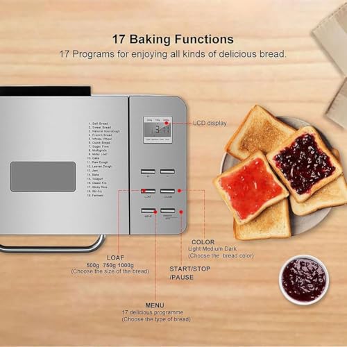 QYOEGSQ Brotbackautomat for Zuhause, Brotbackautomat mit Frucht-/Nussspender, Teigmacher mit 17 voreingestellten Menüs und 15-Stunden-Reservierung, 1 Stunde Warmhalten, 3 Brotgrößen, 3 Krustenfarben – Bild 4