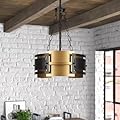 Fanousek Modern Farmhouse Chandelier, 3-Light Rustic Black and Gold Pendant Light Fixtures, Ajustable Height Metal Drum Hanging Lights for Dining Room Kitchen Bedroom Entryway, 12.59-Inch, E26