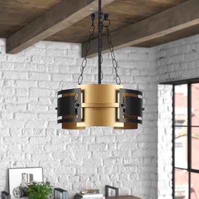 Fanousek Modern Farmhouse Chandelier, 3-Light Rustic Black and Gold Pendant Light Fixtures, Ajustable Height Metal Drum Hanging Lights for Dining Room Kitchen Bedroom Entryway, 12.59-Inch, E26