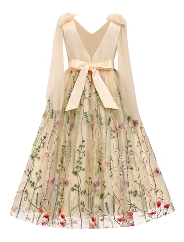 Flower Girl Maxi Dress Wedding Formal Bridesmaid Floral Embroidered Tulle Skirt Princess Pageant First Communion Gown