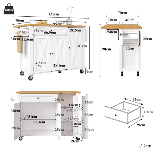 Isla de cocina, armarios, armario buffet, 99 x 70 (40 x 90 cm), carrito de cocina extensible con ruedas, con toallero, estante para especias, estantes para puertas, estantes ajustables, tres puertas - imagen 2