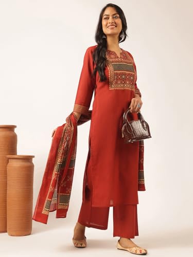 Image of Vbuyz Women Ajrakh With Yoke design Cotton Straight Kurta Set With Dupatta