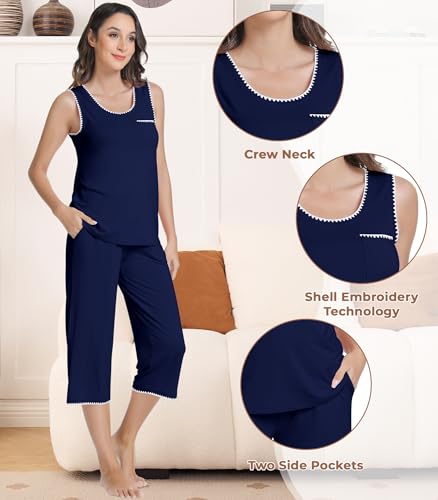 Image of NACHILA Women's Pajamas Set-Viscose Made From Bamboo, Sleeveless Pj Tank Top Capri Pants Soft Sleepwear Cooling Sleep Sets