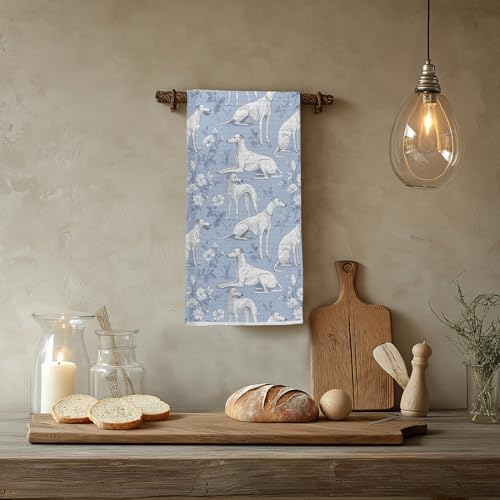 Image of Light Chinoiserie Greyhound Kitchen & Hand Towel, Whippet Dog Dish & Tea Towels,Blue Floral Dog Lover Gifts for Women, 16x24 Inch