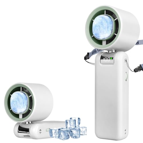 Handheld Personal Turbo Fan with Ice Cooler, 13500RPM/5000mAh Mini Rechargeable Portable Fans with 1-100 Speed Adjustable 180° Foldable 24H Runtime Fans for Camping Travel Outdoor Office(White)