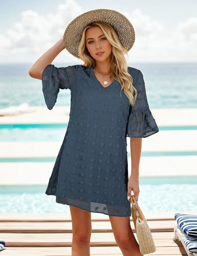 Image of Blooming Jelly Womens White Dresses Short Sleeve V Neck Ruffle Cute Sun Dress Chiffon Flowy Shift Mini Dress