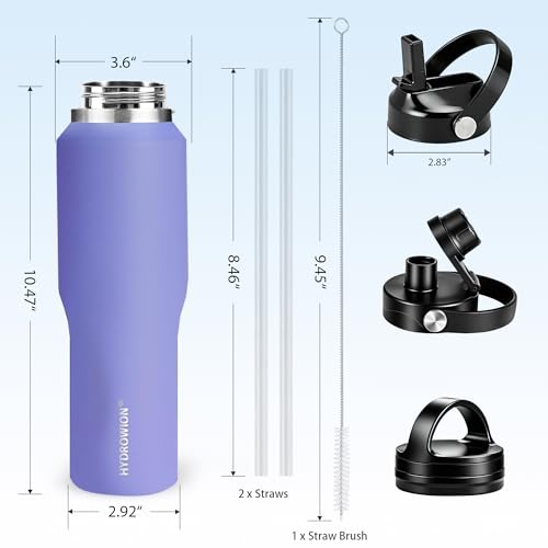 Image of HYDROWION Water Bottle Stainless Steel,Vacuum Insulated Leak Proof Tumbler 32oz with Straw Lid, Spout Lid and Flex Cap(Cold for 48 Hrs, Hot for 24 Hrs), Fit in Any Car Cup Holder, Purple