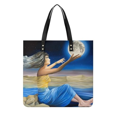 Tote bag femme peinture de lune grand sac à main shopper en tissu pour voyage format 39x39cm