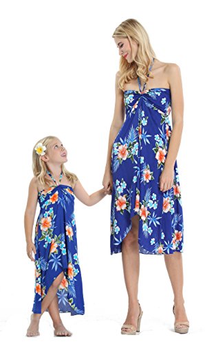 Matching Hawaiian Luau Mother Daughter Halter Dress in Hibiscus Blue