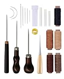 ALONK Donvuka 24 Stück Leder Werkzeug, Leder Nähset, Ahle Mit Holzgriff, Ledernähset mit Nähahle, Handnadeln, Wachsfadenrollen, Messingring, Spule und Greifer für Nähen, Lederstanzarbeiten