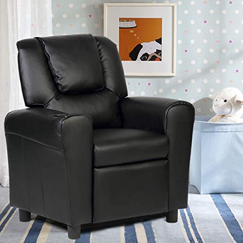 Costzon Kids Sofa Recliner, Children PU Leather Armchair with Front Footrest, Cup Holder