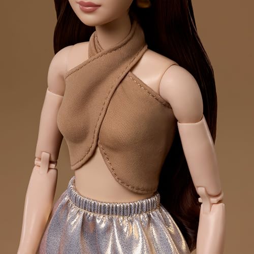Image of Barbie Basics Model Collector Fashion Doll 06 with Brunette Hair, Shimmery Golden Skirt & Halter, Universal-fit Fashions, Posable Body | Shimmery Golden Skirt & Halter, Universal-fit Fashions, Posable Body