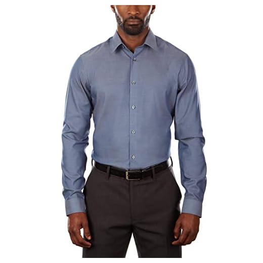 Calvin Klein Camisa social masculina slim fit espinha de peixe sem ferro, Stream, 14" Neck 32"-33" Sleeve