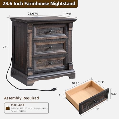 Image of 26 inchH Night Stand Set of 2, 23.6 inchW Wooden End Table with Charging Station