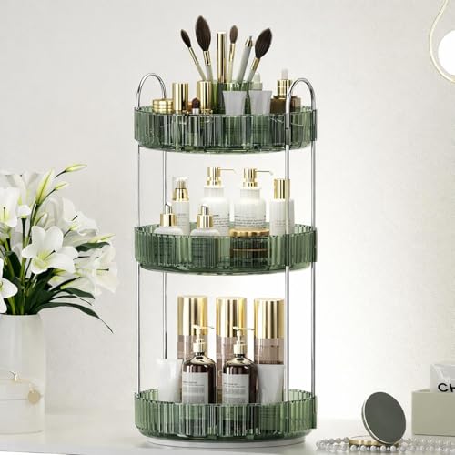 Image of JD FRESH 3 Tier Makeup Organizer 360 Rotating Cosmetic Storage Box Vanity Organizer Stand with Drawers for Lipstick Nail Polish Skincare Dressing Table Bathroom Organizer (Light Green)