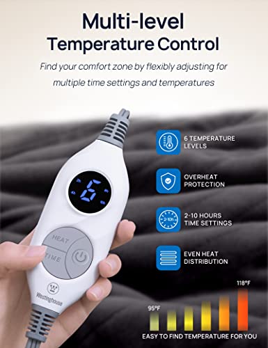 Westinghouse Electric Throw Blanket with Foot Pocket for Adults, Soft Flannel to Sherpa Heated Throw with 6 Heating Levels & 2-10 Hours Time Settings, Fast Heating & Machine Washable, 50x62, Charcoal