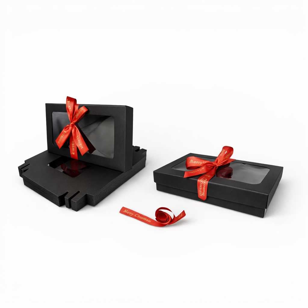 Emartbuy Pack of 96 Black Gift Boxes with Clear Window Lid & Christmas Red Satin Ribbon - Large Wide 29.5 x 22 x 4.5 cm - Recyclable Kraft Presentation Box for Hampers, Treats, Weddings & Favours