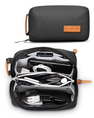 Tech Bag Organizer - Small Electronics Organizer Pouch for Travel - Premium Travel Case with Leather Accents - Mesh Pocket for Cables, Cords and Chargers (Black)