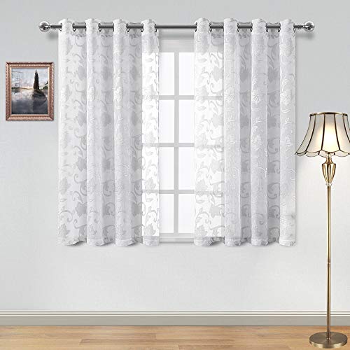 DWCN Faux Linen Sheer Curtains - Floral Jacquard Semi Voile Grommet Top Bedroom and Living Room Curtains, Set of 2 Window Curtain Panels, 52 x 45 Inch Length, White and Grey