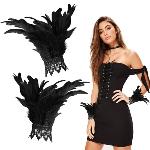 Wishstar Gothic Feder Manschetten Armbänder,Damen Feder Manschetten Schwarz,Schwarze federn accessoires Halloween，Halloween Karnevals Cosplay...