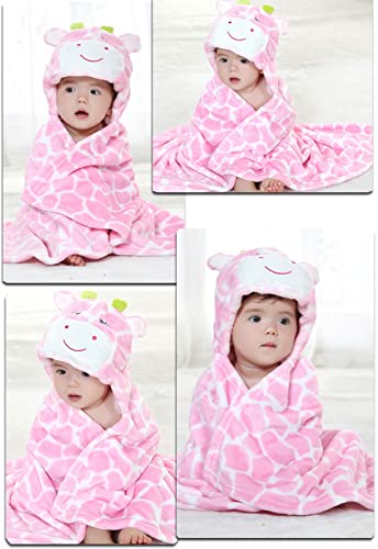 Image of TONWHAR 0-4 Years Toddlers' And Kids' Boys Girls Animal Face Hooded Blanket Baby's Bathrobe,Plush After Bath Blanket(Pink Cow)