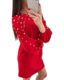 Paket-Inhalt: 1 x Damen Kleid Minetom Damen Herbst Winter Minikleid Kurz Kleider Sexy Perlen Manches Longues Slim Tunika Casual Rundhals Einfarbig Pullover Rot DE 38