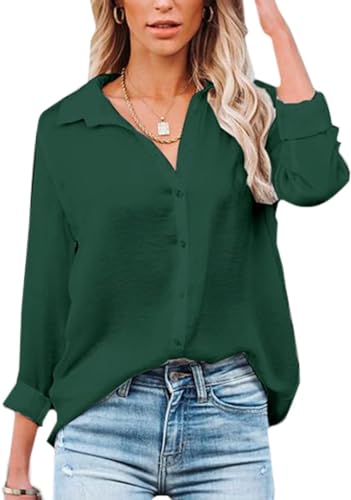 Damen Bluse Elegant V-Ausschnitt Hemd Langarm Arbeit Oberteile Casual Tunika Shirt Lose Langarmshirt Tops (Dunkelgrün,L)