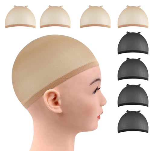 8 Pcs Wig Caps Net Bald Caps for Women Light Brown Black Stretch Stocking Caps for Wigs Quick Weave Hair Net for Cosplay Halloween