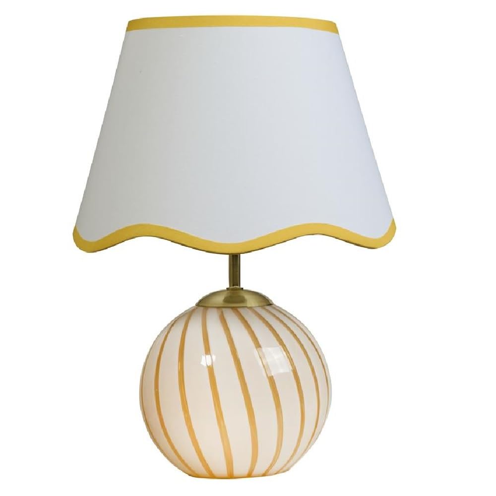 Britalia Vintage Table Lamp, Glass and Ceramic, Yellow and White Stripe, E14 SES, 32cm x 25cm, 0.8Kg, White Scalloped Shade, Inline Switch
