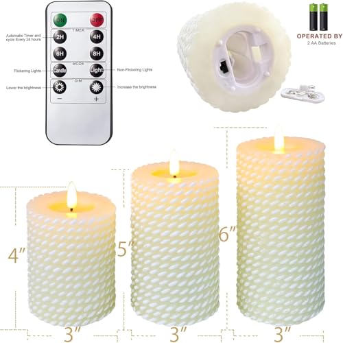 Image of Crystal Club White Flameless Candles,Corded Pattern Carving Battery Operated Candles with Remote Control LED Pillar Candles for Wedding Holiday Home Tabe Decor