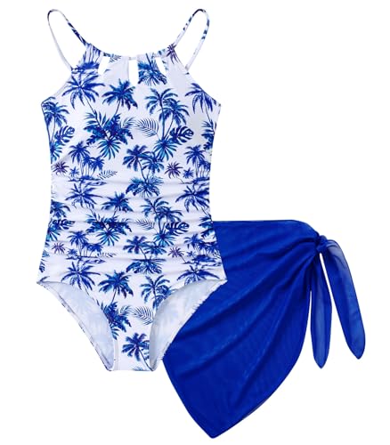 Image of Girls Swimsuit One-Piece Bathing Suit with Mesh Cover Ups Adjustable Straps Cut Out Swimwear Size 7-16
