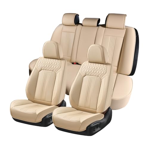 Image of Coverado Seat Covers Full Set, Leather Car Seat Cover, Waterproof Car Seat Protector, Automotive Seat Covers Car Seat Cushion Universal Fit for Most Cars, Beige