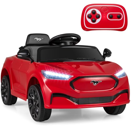 Image of Costzon Ride on Car, 12V Licensed Ford Mach E Kids Electric Vehicle with Parent Control, LED Lights, Horn, Music, Wireless Connection & Spring Suspension, Kids Car Toy for Girls Boys (Red)